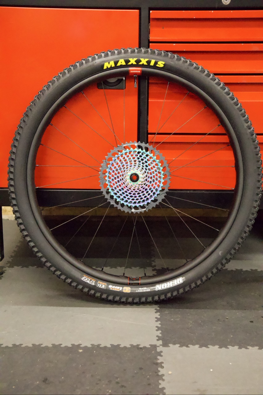 The complete rear Reserve wheel fitted with a 2.4-inch Maxxis tyre